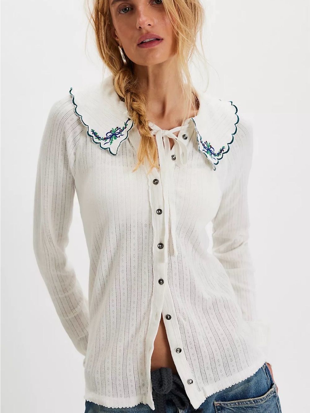 White Knit Button-Up Top with Embroidered Peter Pan Collar